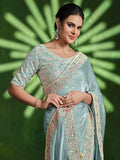 Awesome Sky-Blue Heavy Border Work Satin Wedding Wear Saree - Zeel Clothing