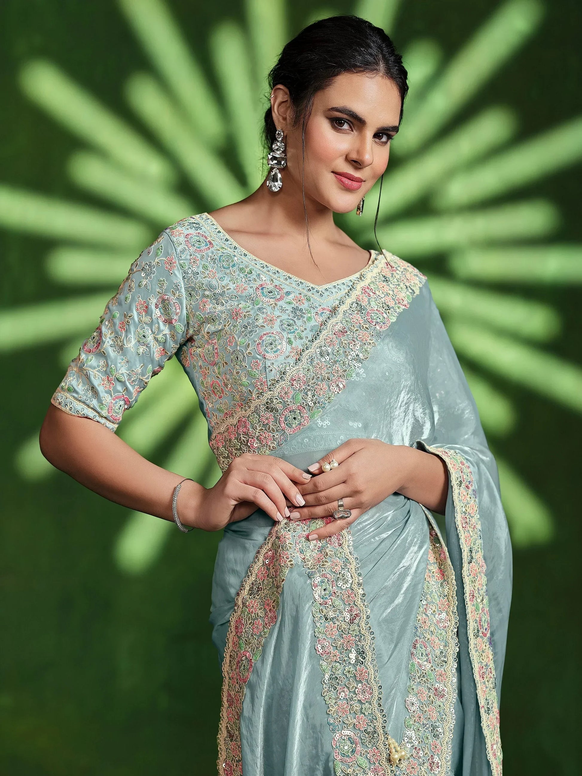 Awesome Sky-Blue Heavy Border Work Satin Wedding Wear Saree - Zeel Clothing
