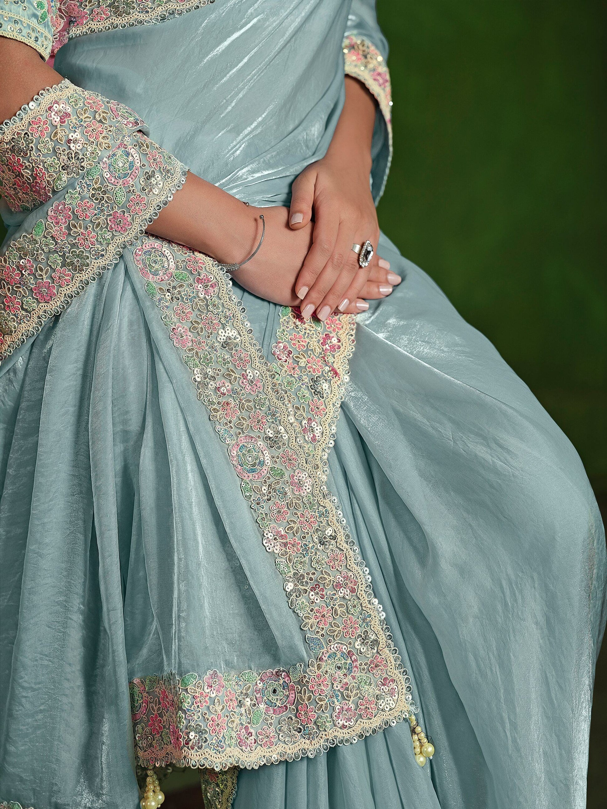 Awesome Sky-Blue Heavy Border Work Satin Wedding Wear Saree - Zeel Clothing