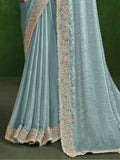 Awesome Sky-Blue Heavy Border Work Satin Wedding Wear Saree - Zeel Clothing