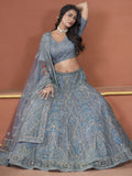 Awesome Sky-Blue Jarkan Work Net Engagement Wear Lehenga Choli - Zeel Clothing