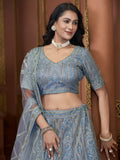 Awesome Sky-Blue Jarkan Work Net Engagement Wear Lehenga Choli - Zeel Clothing
