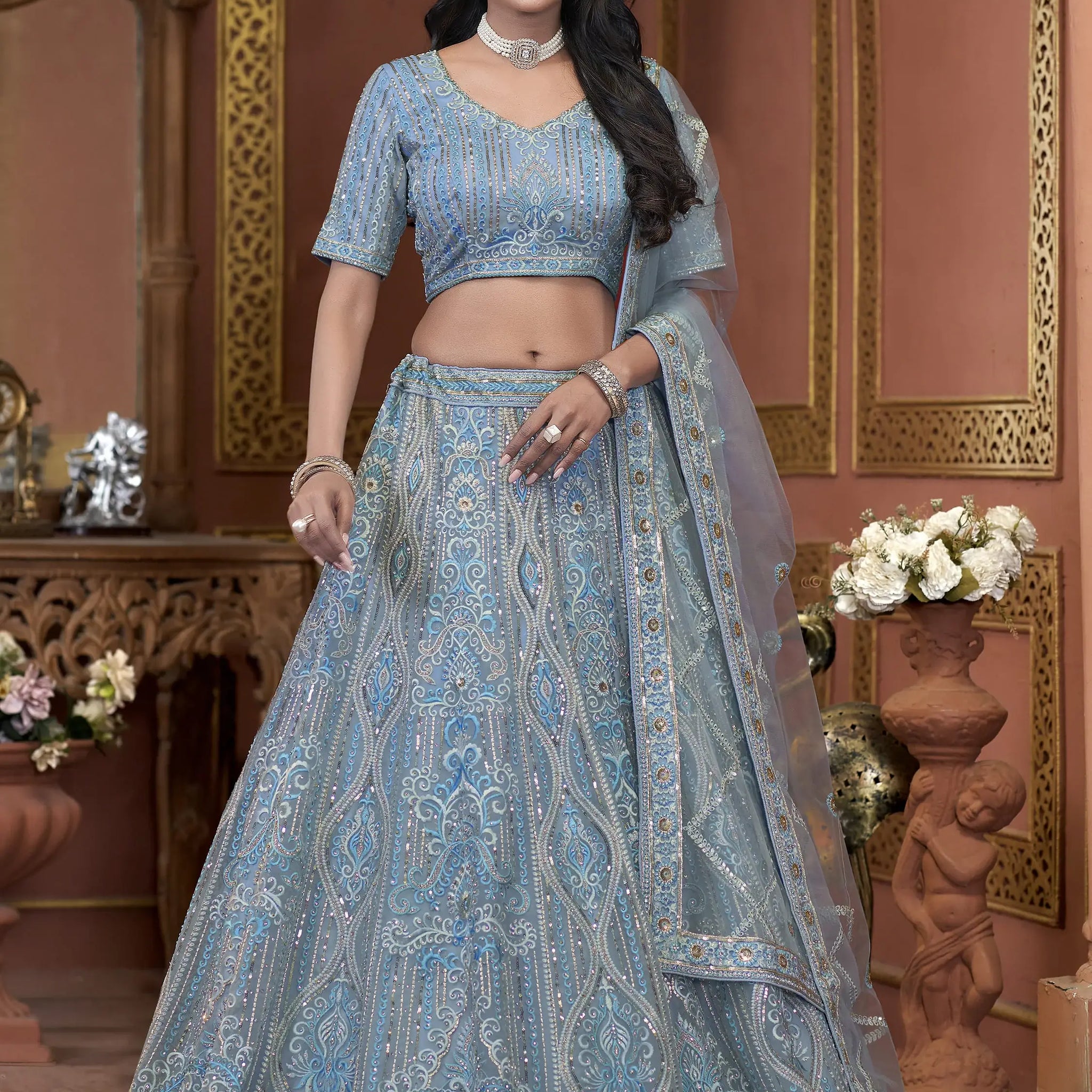 Awesome Sky-Blue Jarkan Work Net Engagement Wear Lehenga Choli - Zeel Clothing