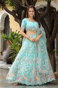 Awesome Sky Blue Sequins Net Bridesmaid Lehenga Choli With Dupatta - Zeel Clothing