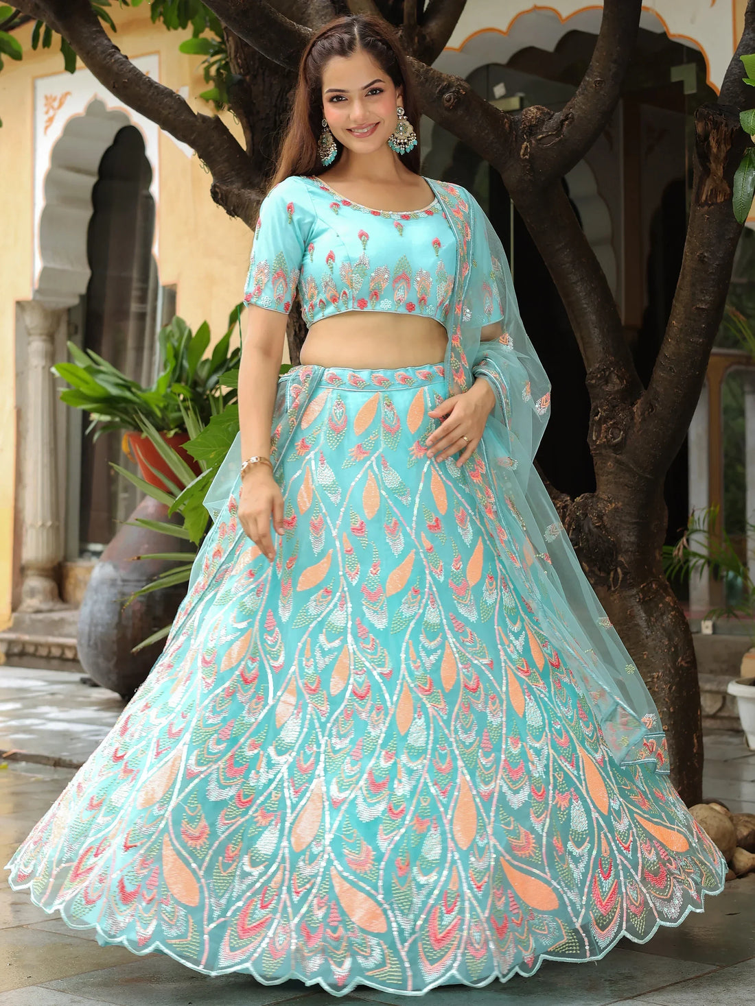 Awesome Sky Blue Sequins Net Bridesmaid Lehenga Choli With Dupatta - Zeel Clothing