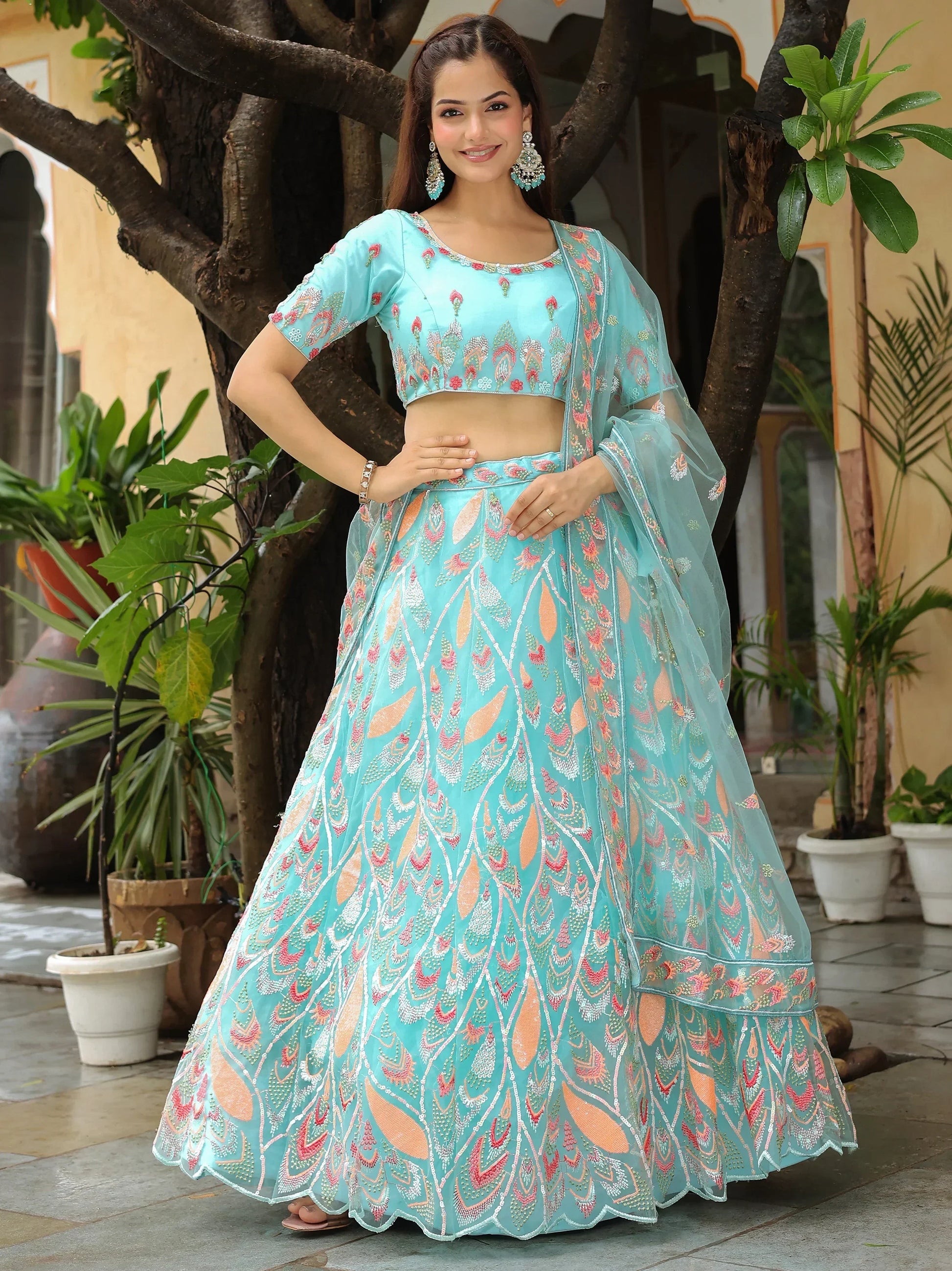 Awesome Sky Blue Sequins Net Bridesmaid Lehenga Choli With Dupatta - Zeel Clothing