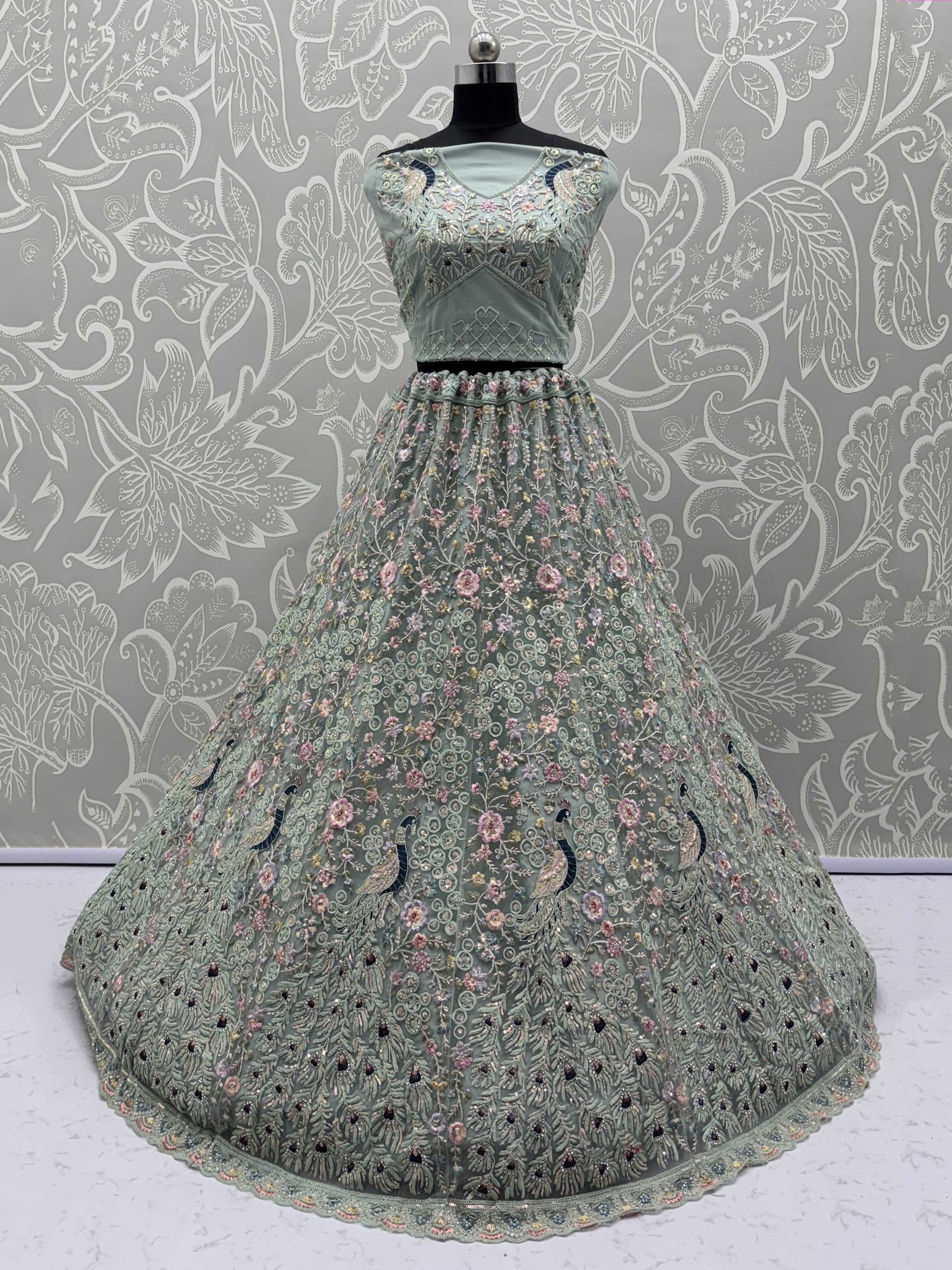 Awesome Sky Blue Sequins Net Wedding Wear Lehenga Choli With Dupatta