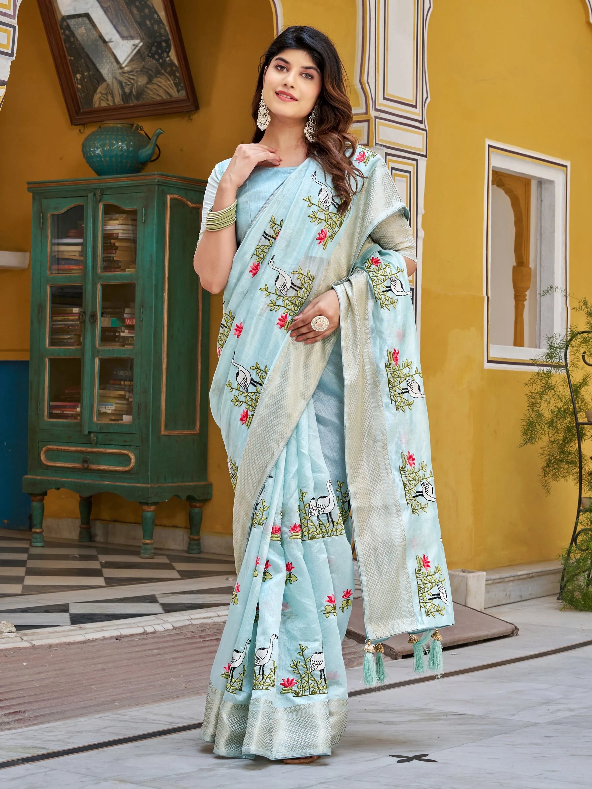 Awesome Sky Blue Thread Embroidered Silk Festive Wear Saree With Blouse - Zeel Clothing