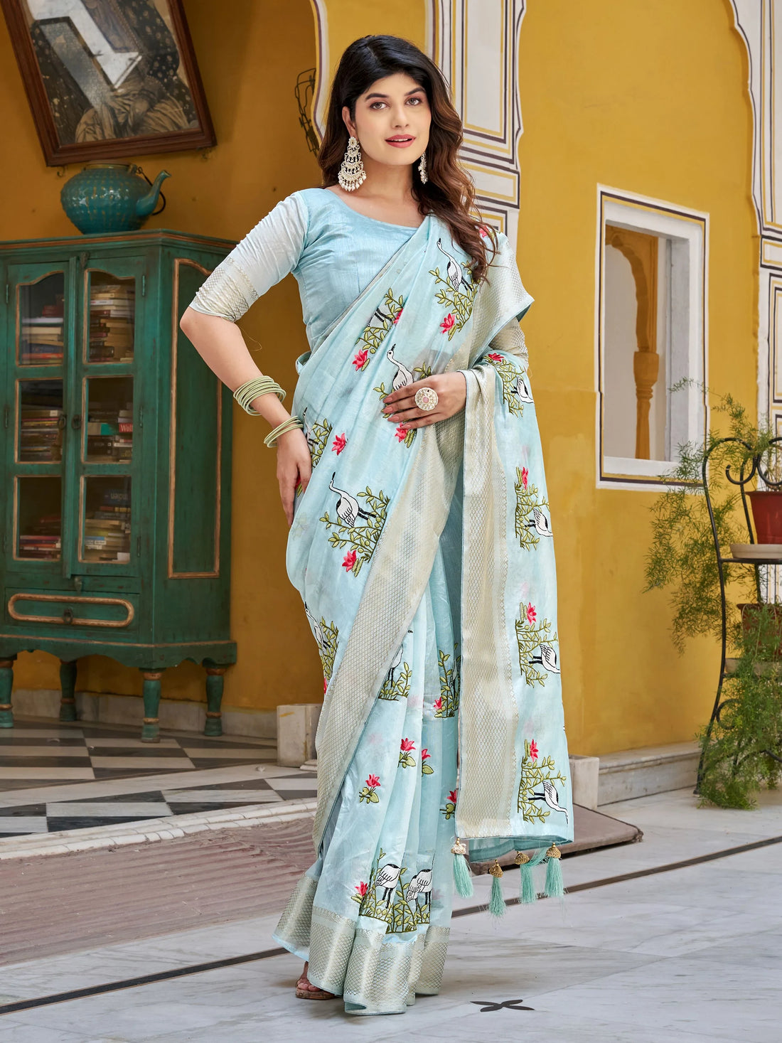 Awesome Sky Blue Thread Embroidered Silk Festive Wear Saree With Blouse - Zeel Clothing