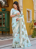 Awesome Sky Blue Thread Embroidered Silk Festive Wear Saree With Blouse - Zeel Clothing