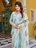 Awesome Sky Blue Thread Embroidered Silk Festive Wear Saree With Blouse - Zeel Clothing