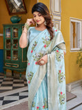 Awesome Sky Blue Thread Embroidered Silk Festive Wear Saree With Blouse - Zeel Clothing
