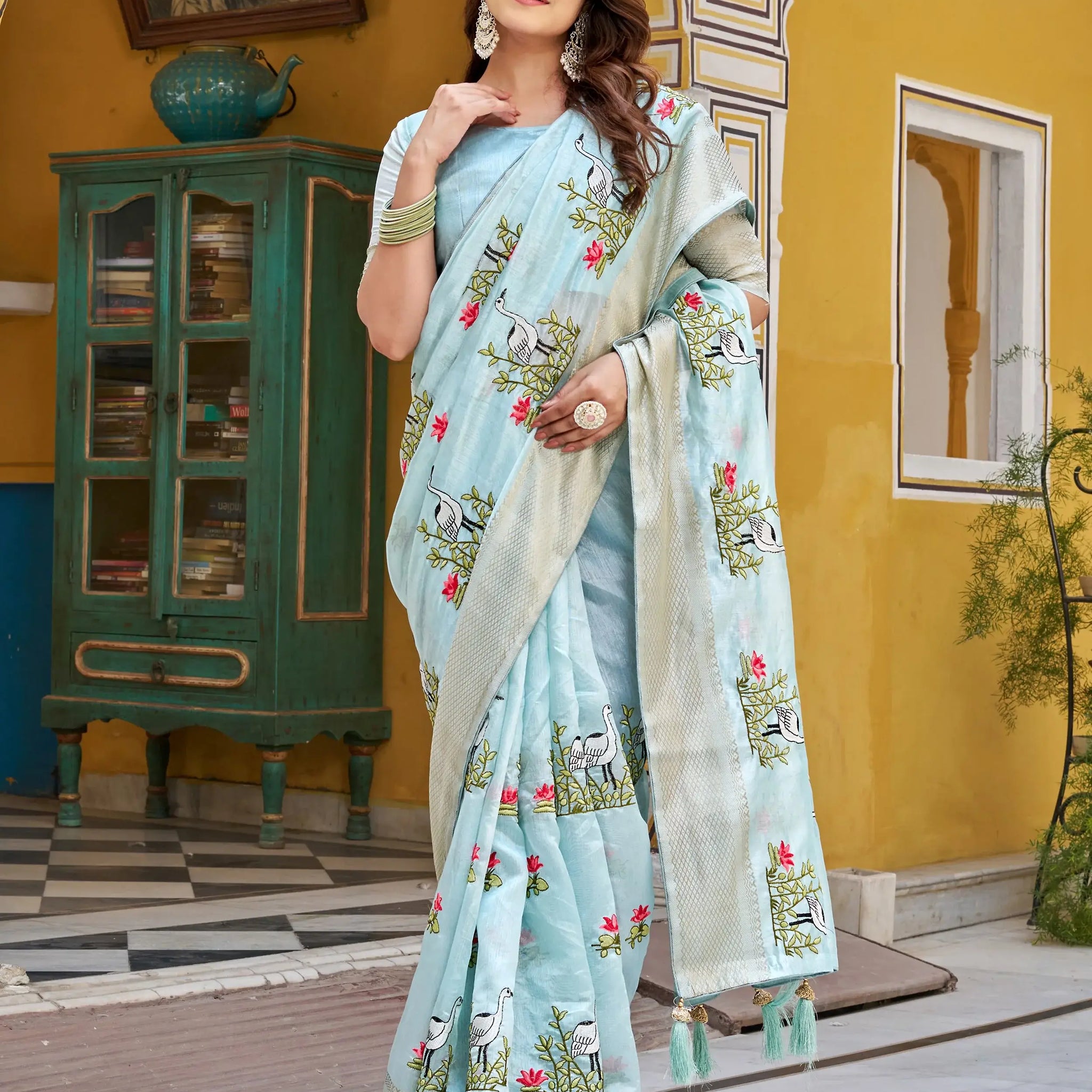 Awesome Sky Blue Thread Embroidered Silk Festive Wear Saree With Blouse - Zeel Clothing