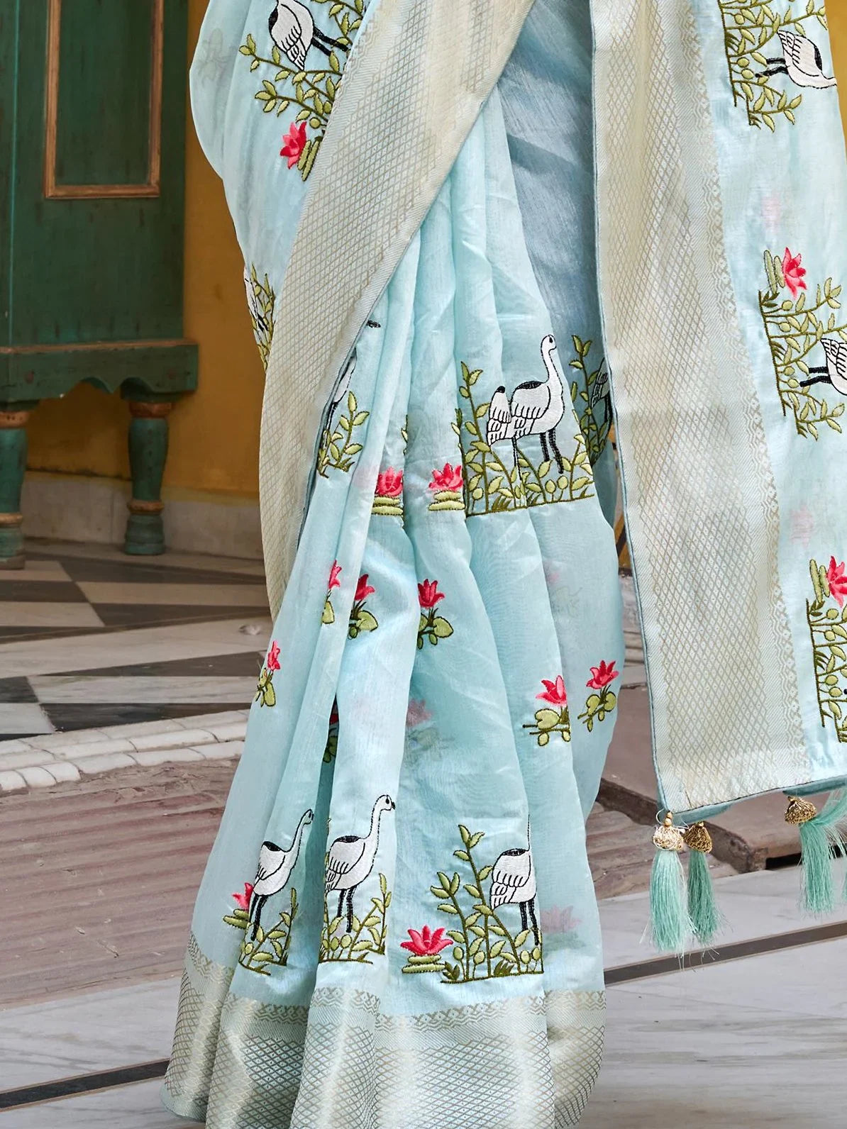 Awesome Sky Blue Thread Embroidered Silk Festive Wear Saree With Blouse - Zeel Clothing