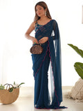 Awesome Teal Blue Lace Work Georgette Cocktail Party Wear Saree - Zeel Clothing