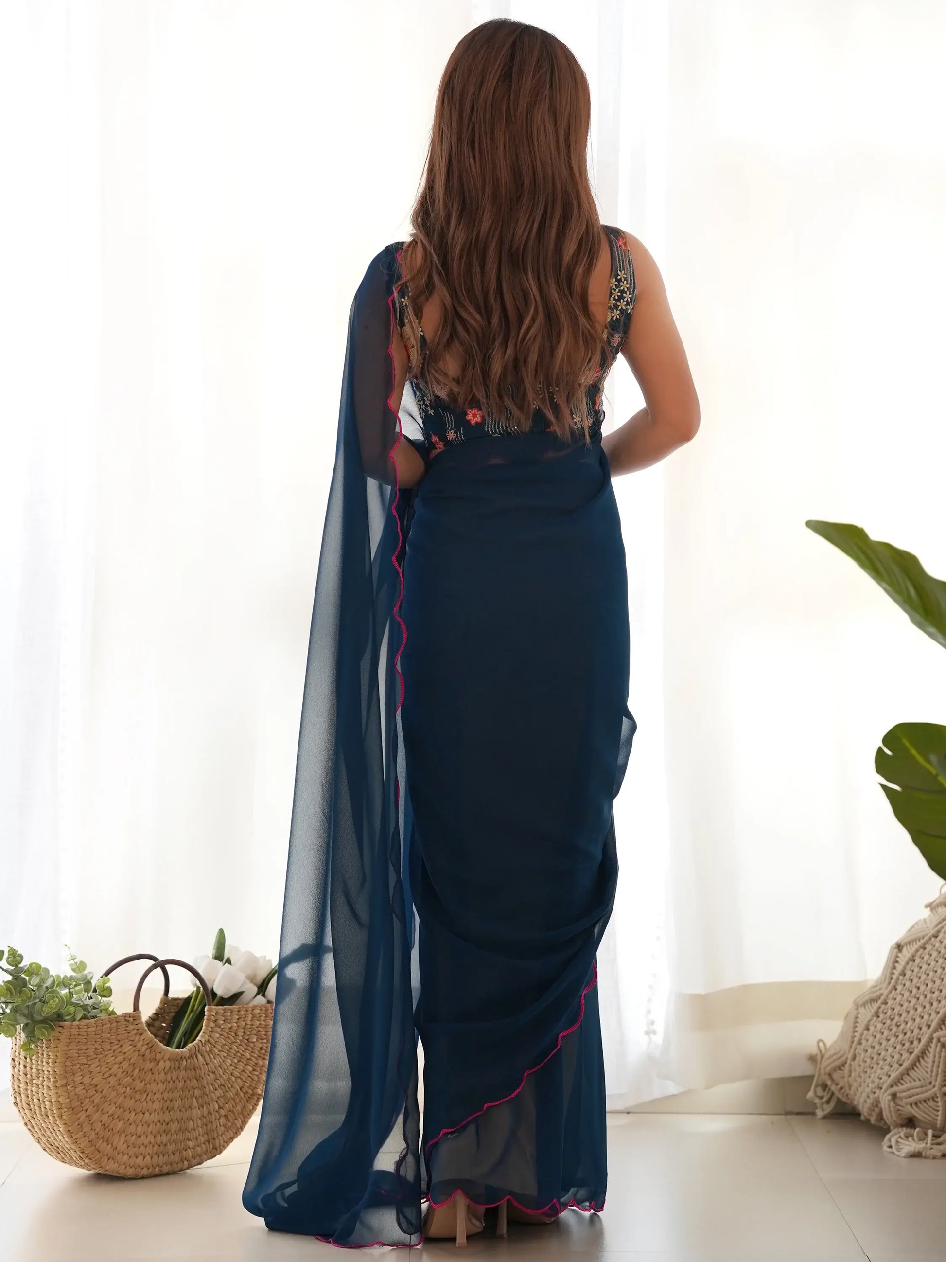 Awesome Teal Blue Lace Work Georgette Cocktail Party Wear Saree - Zeel Clothing
