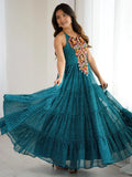 Awesome Teal Blue Laheriya Printed Georgette Navratri Special Gown