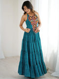 Awesome Teal Blue Laheriya Printed Georgette Navratri Special Gown