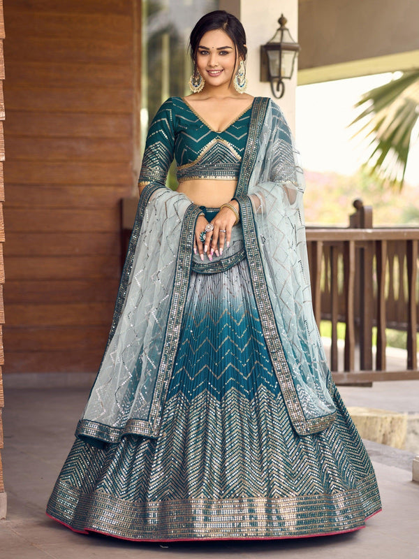Awesome Teal Blue Sequins Chinon Sangeet Wear Lehenga Choli With Dupatta