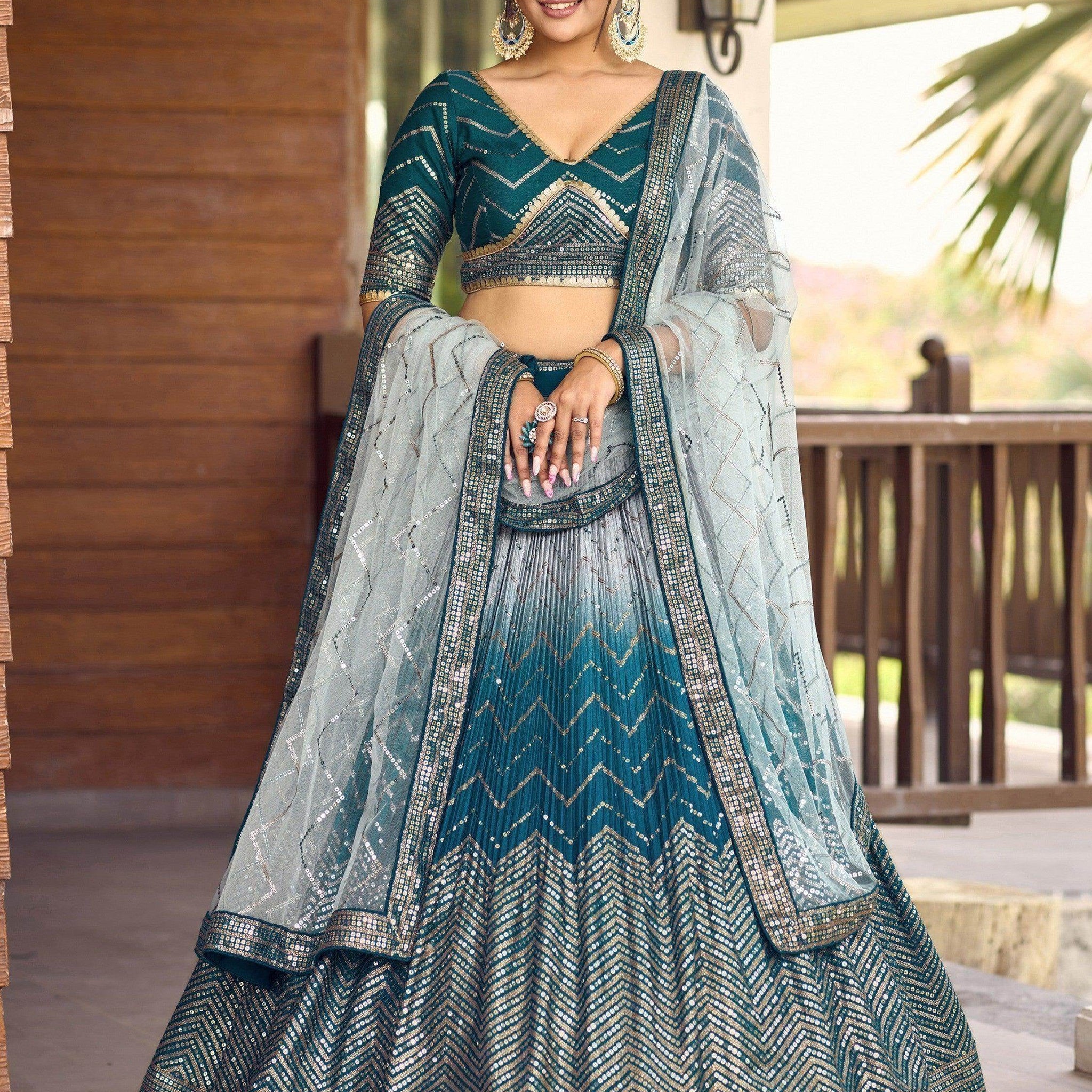Awesome Teal Blue Sequins Chinon Sangeet Wear Lehenga Choli With Dupatta - Zeel Clothing