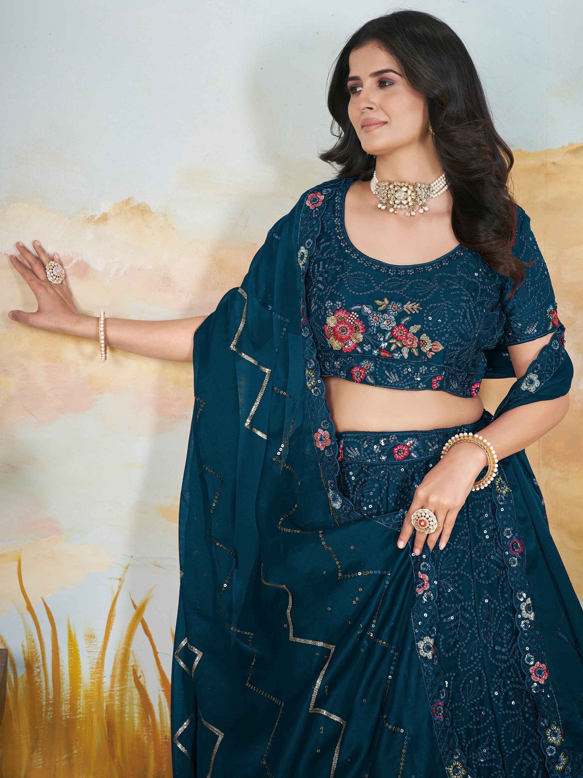 Awesome Teal Blue Sequins Chinon Wedding Wear Lehenga Choli - Zeel Clothing