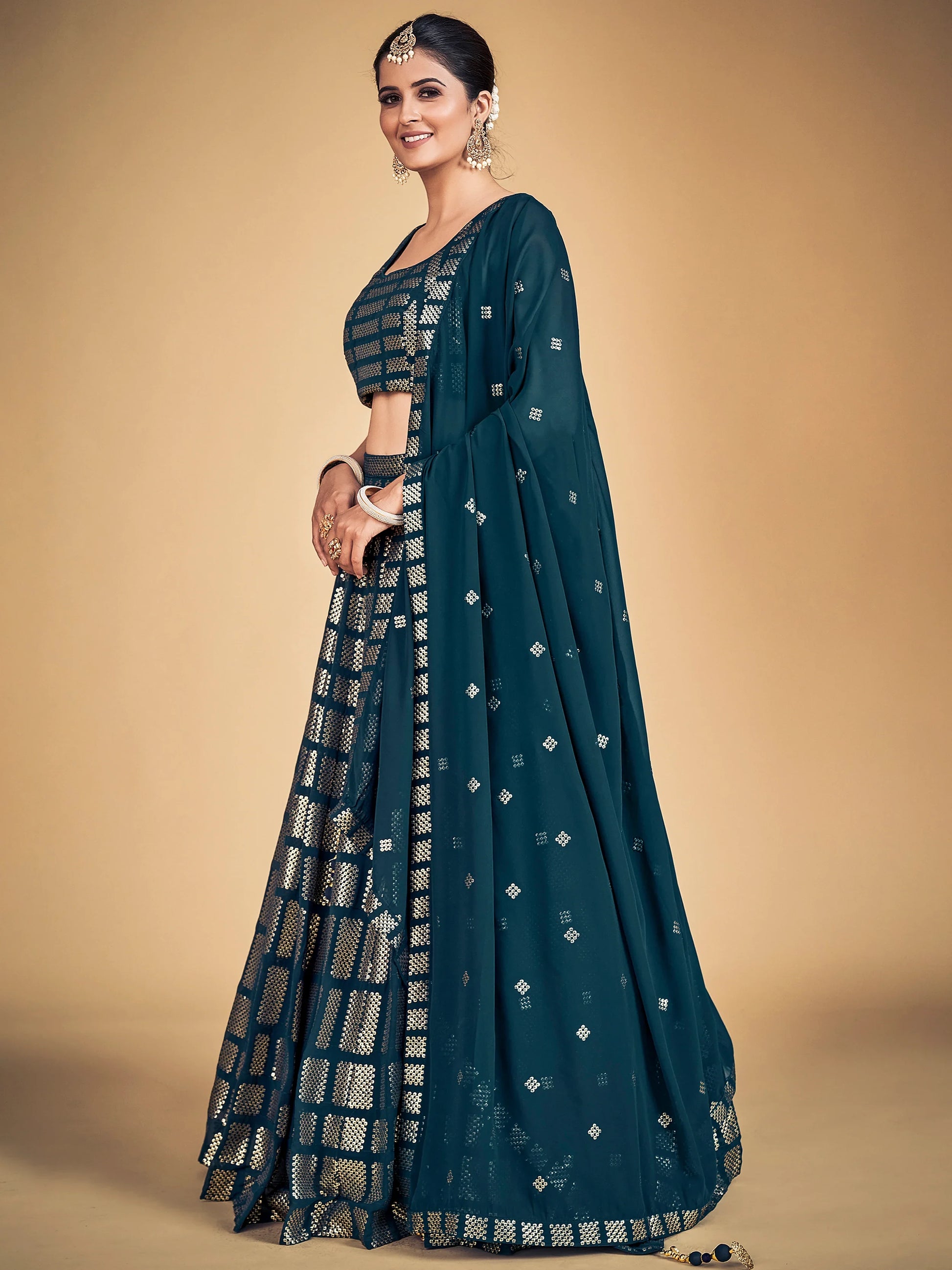 Awesome Teal Blue Sequins Georgette Engagement Lehenga Choli - Zeel Clothing