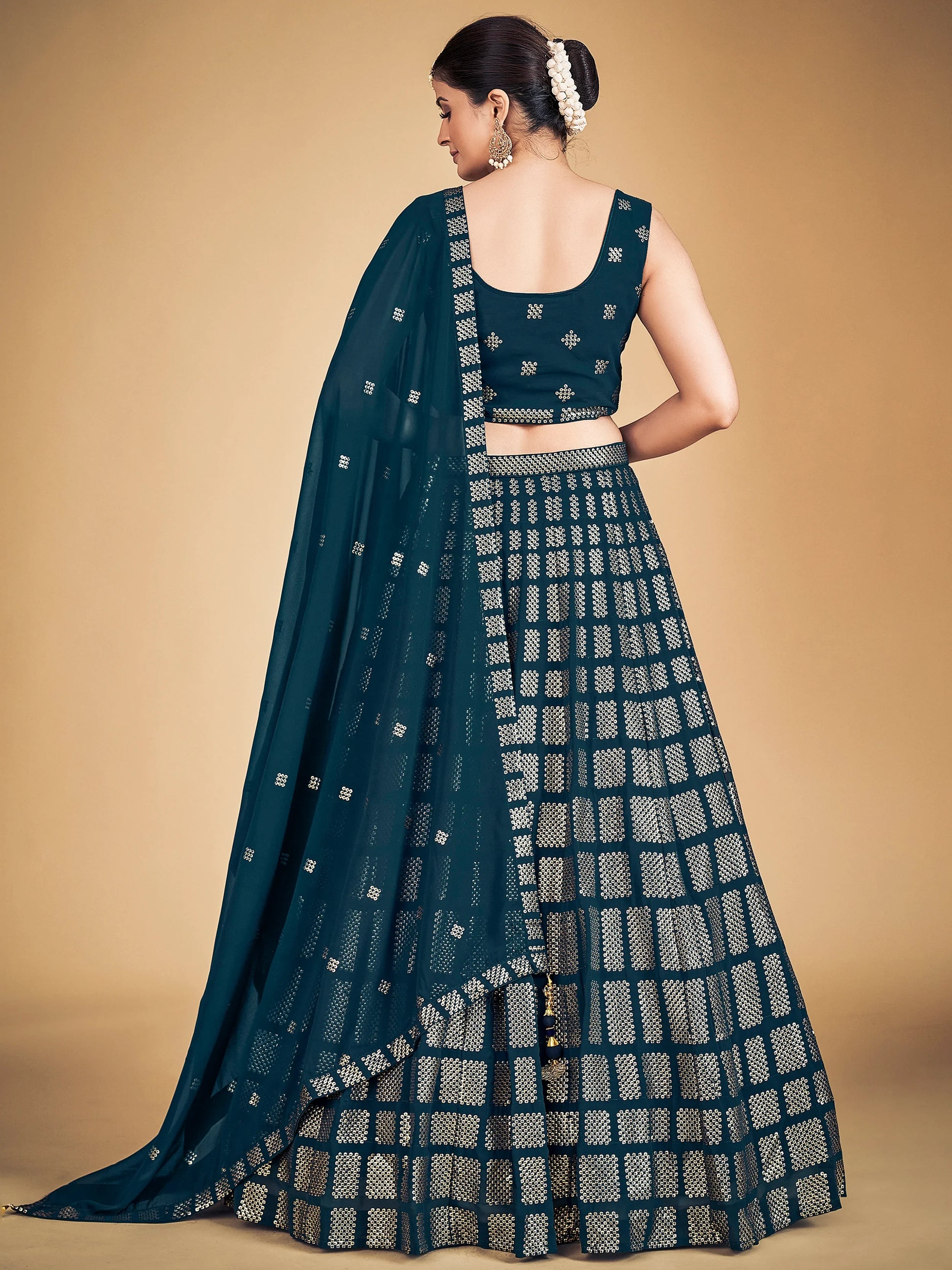 Awesome Teal Blue Sequins Georgette Engagement Lehenga Choli - Zeel Clothing