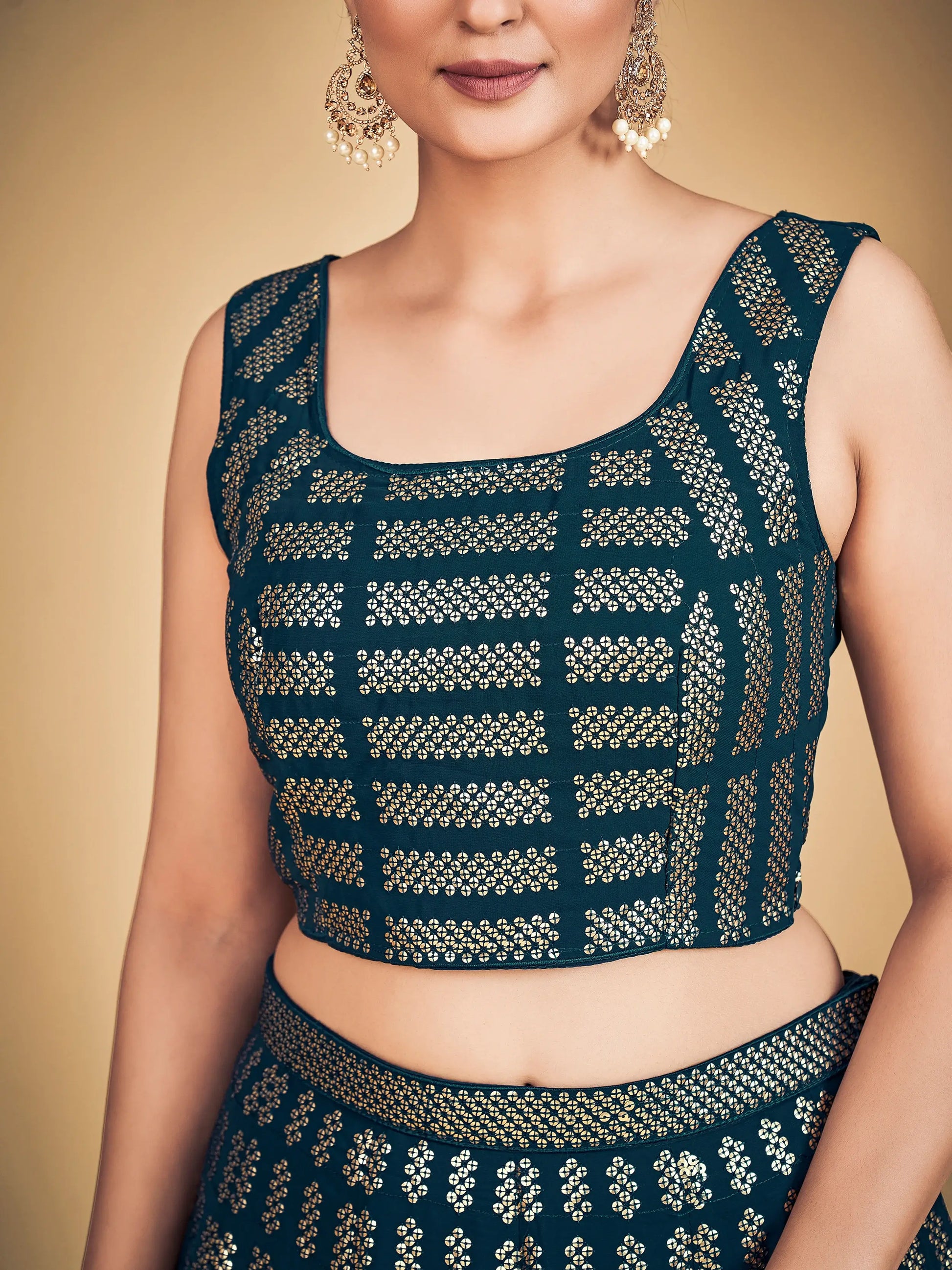 Awesome Teal Blue Sequins Georgette Engagement Lehenga Choli - Zeel Clothing