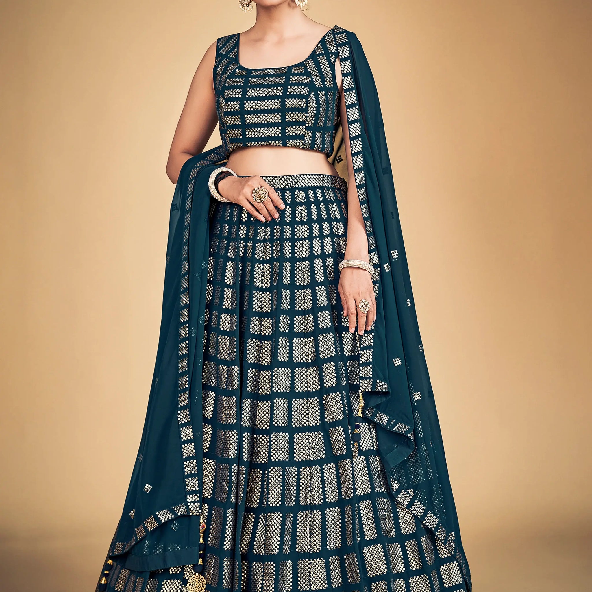 Awesome Teal Blue Sequins Georgette Engagement Lehenga Choli - Zeel Clothing