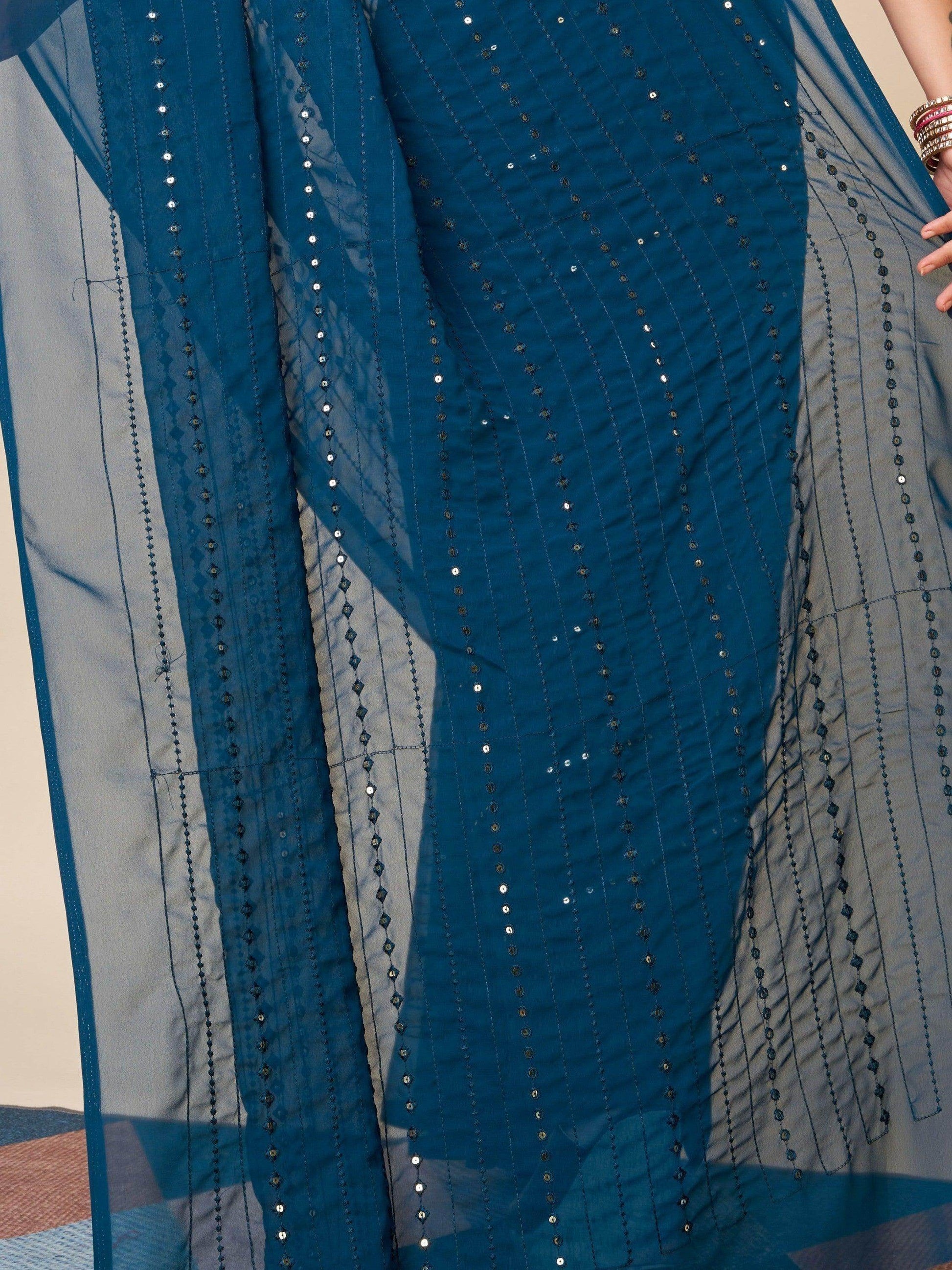 Awesome Teal Blue Sequins Georgette Function Wear Saree With Blouse - Zeel Clothing