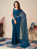 Awesome Teal Blue Sequins Georgette Function Wear Saree With Blouse - Zeel Clothing