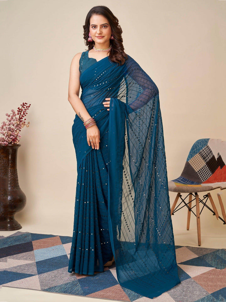 Awesome Teal Blue Sequins Georgette Function Wear Saree With Blouse - Zeel Clothing