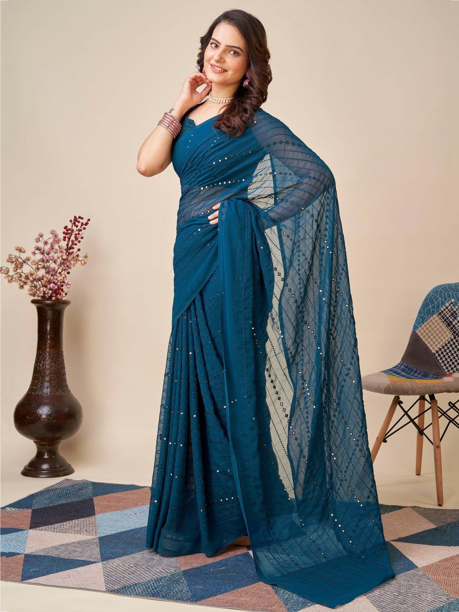 Awesome Teal Blue Sequins Georgette Function Wear Saree With Blouse - Zeel Clothing