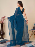 Awesome Teal Blue Sequins Georgette Function Wear Saree With Blouse - Zeel Clothing