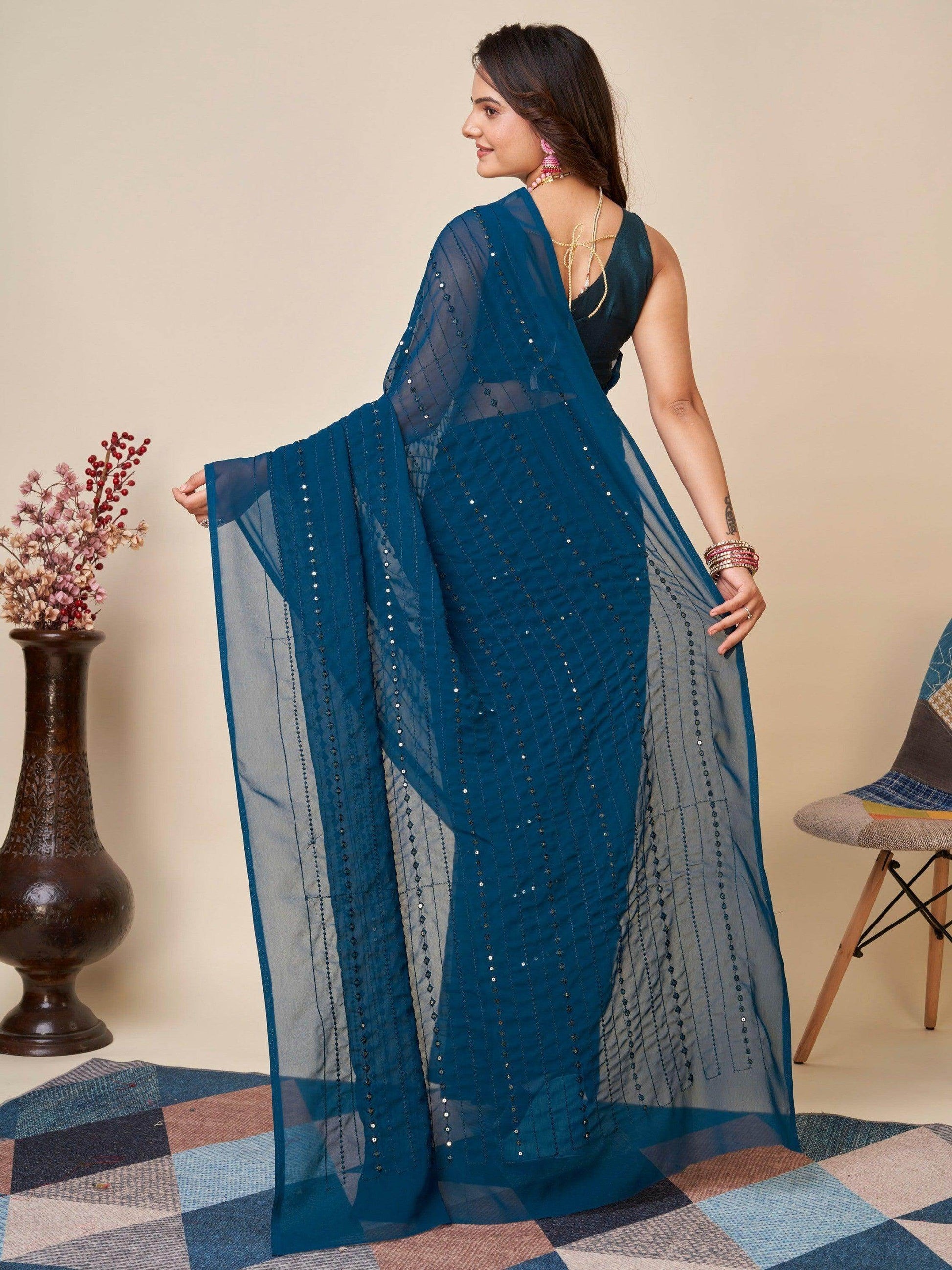 Awesome Teal Blue Sequins Georgette Function Wear Saree With Blouse - Zeel Clothing