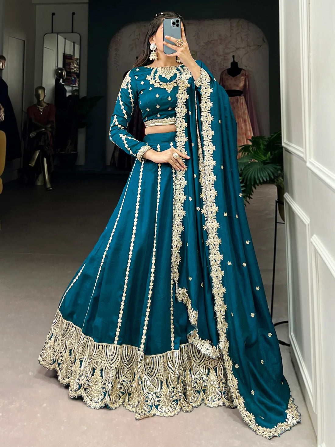Awesome Teal Blue Thread Work Silk Wedding Lehenga Choli - Zeel Clothing