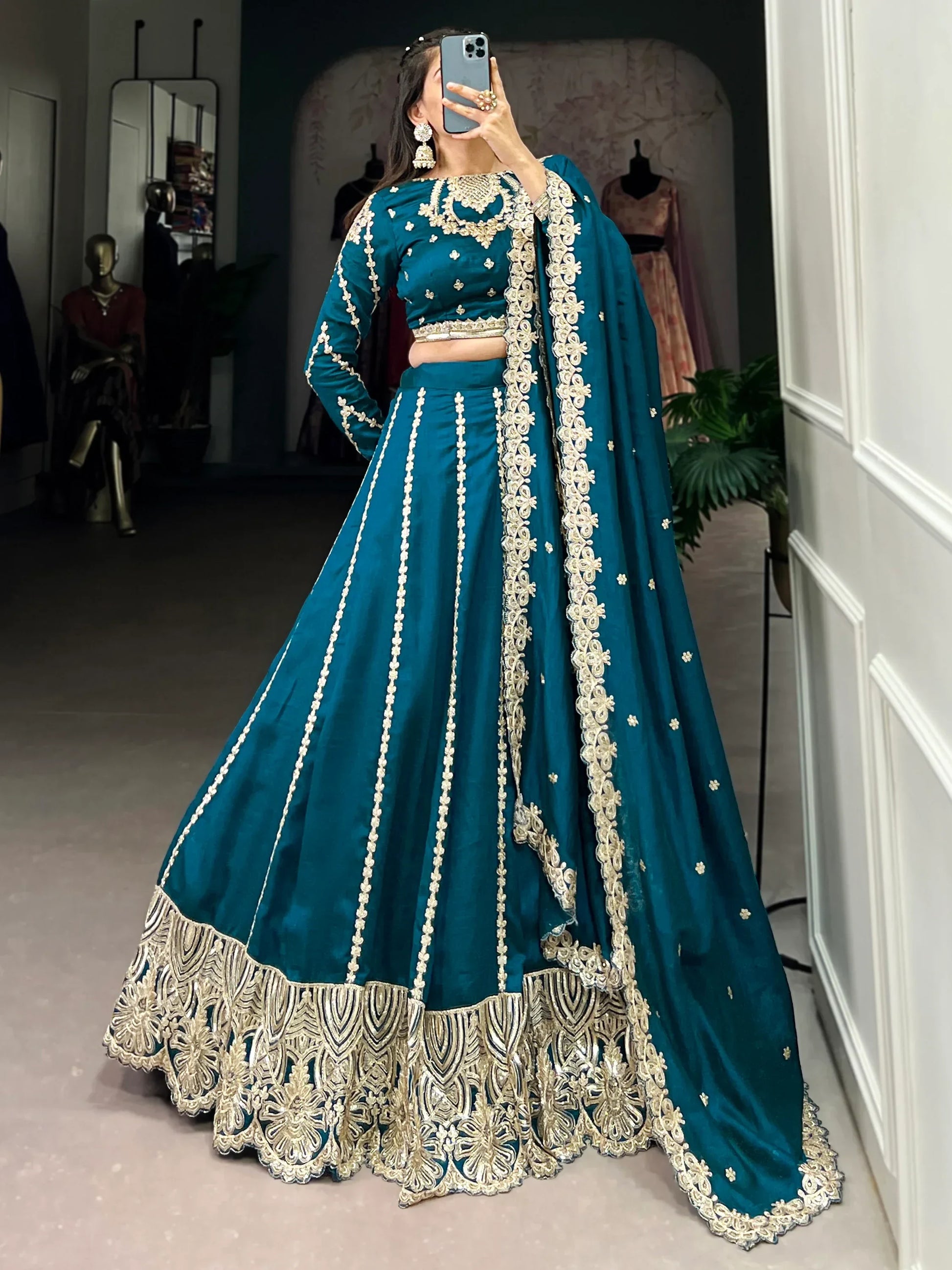Awesome Teal Blue Thread Work Silk Wedding Lehenga Choli - Zeel Clothing