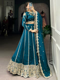 Awesome Teal Blue Thread Work Silk Wedding Lehenga Choli - Zeel Clothing