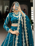 Awesome Teal Blue Thread Work Silk Wedding Lehenga Choli - Zeel Clothing