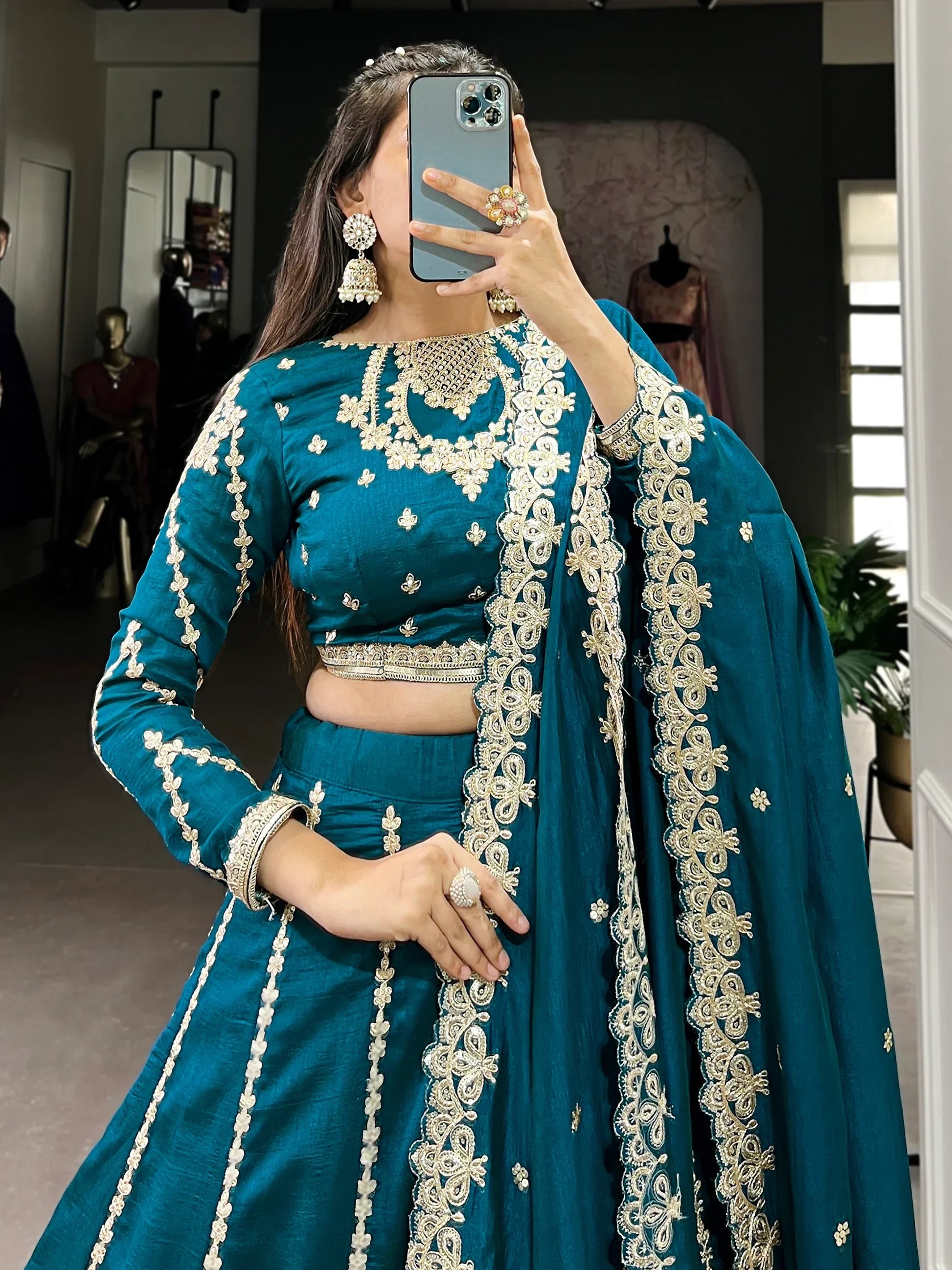 Awesome Teal Blue Thread Work Silk Wedding Lehenga Choli - Zeel Clothing