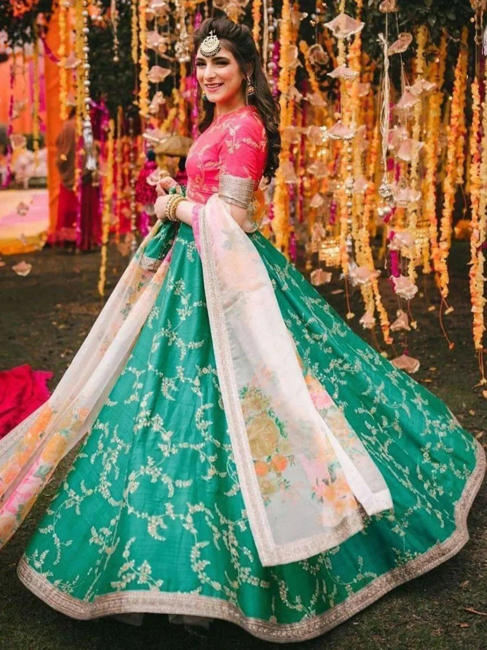 Awesome Teal Green Embroidered Art Silk Lehenga Choli With Dupatta - Zeel Clothing