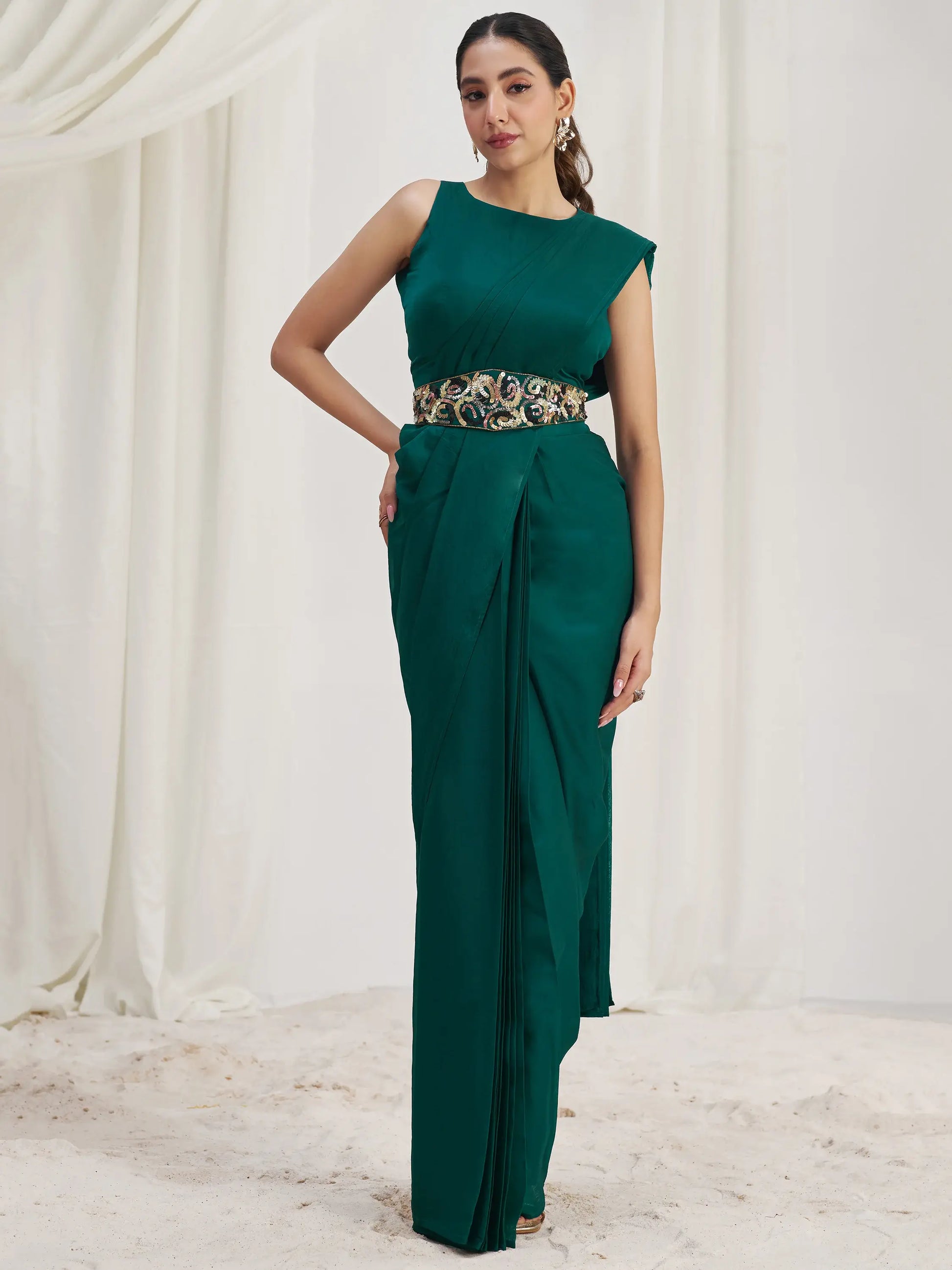 Awesome Teal Green Organza Silk Ready To Wear Saree With Blouse - Zeel Clothing