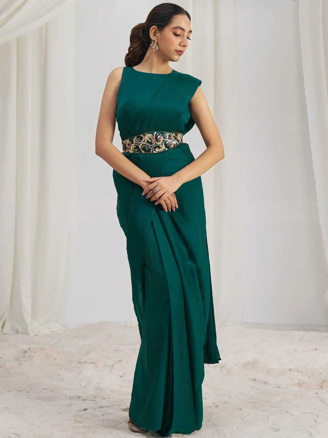 Awesome Teal Green Organza Silk Ready To Wear Saree With Blouse - Zeel Clothing