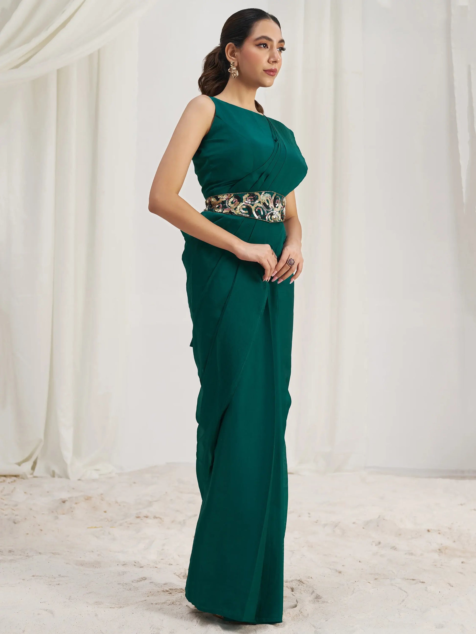 Awesome Teal Green Organza Silk Ready To Wear Saree With Blouse - Zeel Clothing