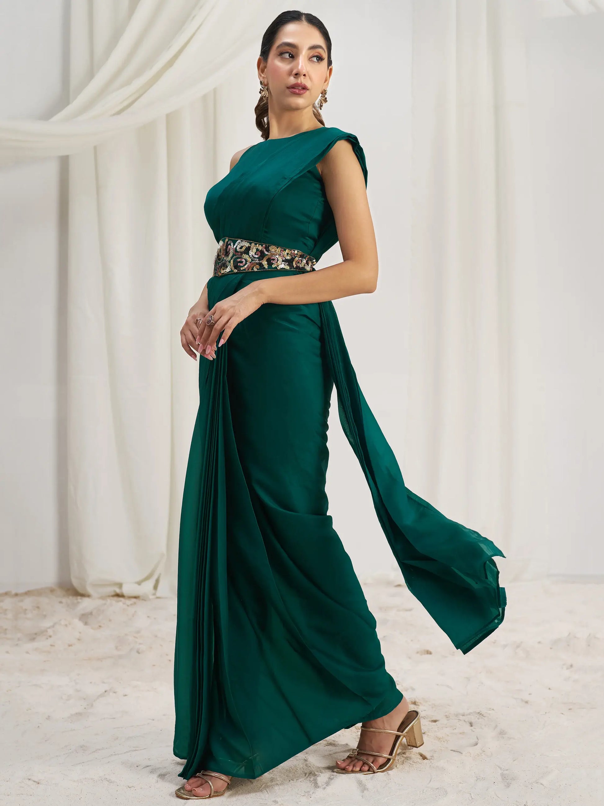 Awesome Teal Green Organza Silk Ready To Wear Saree With Blouse - Zeel Clothing