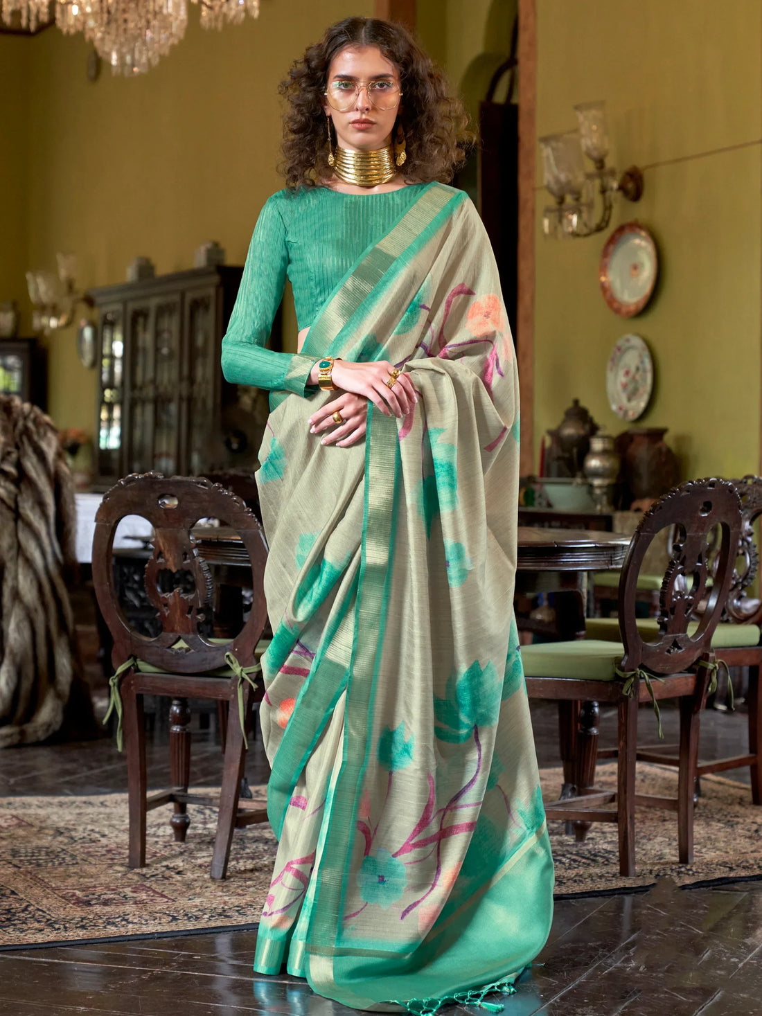 Awesome Teal Green Printed Banarasi Silk Festival Wear Saree - Zeel Clothing