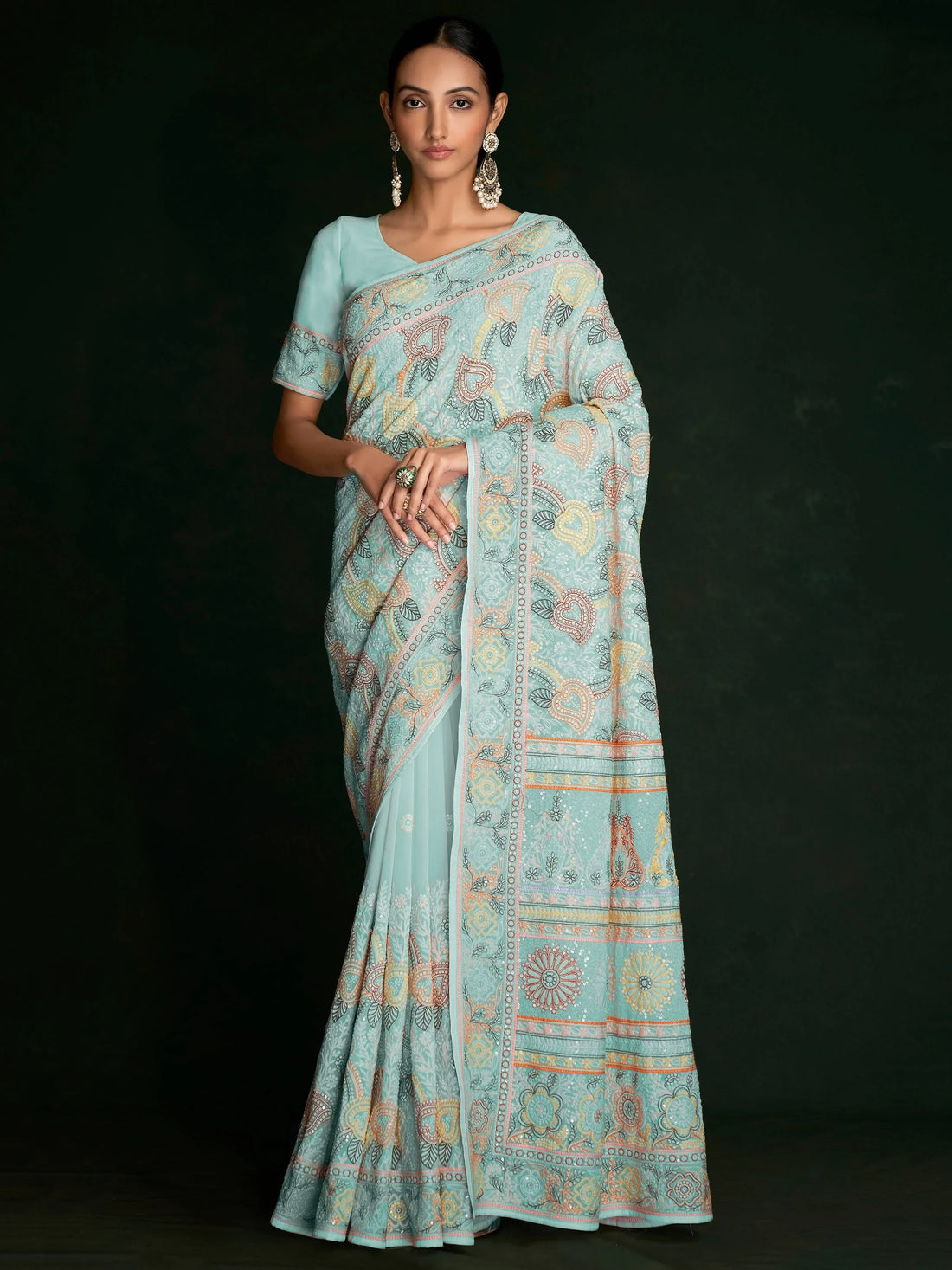 Awesome Turquoise Lucknowi Georgette Festival Wear Saree With Blouse - Zeel Clothing