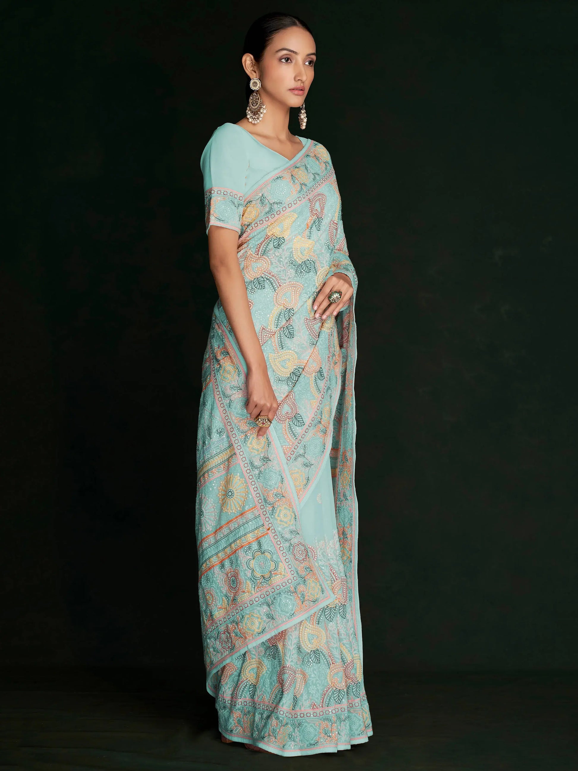 Awesome Turquoise Lucknowi Georgette Festival Wear Saree With Blouse - Zeel Clothing