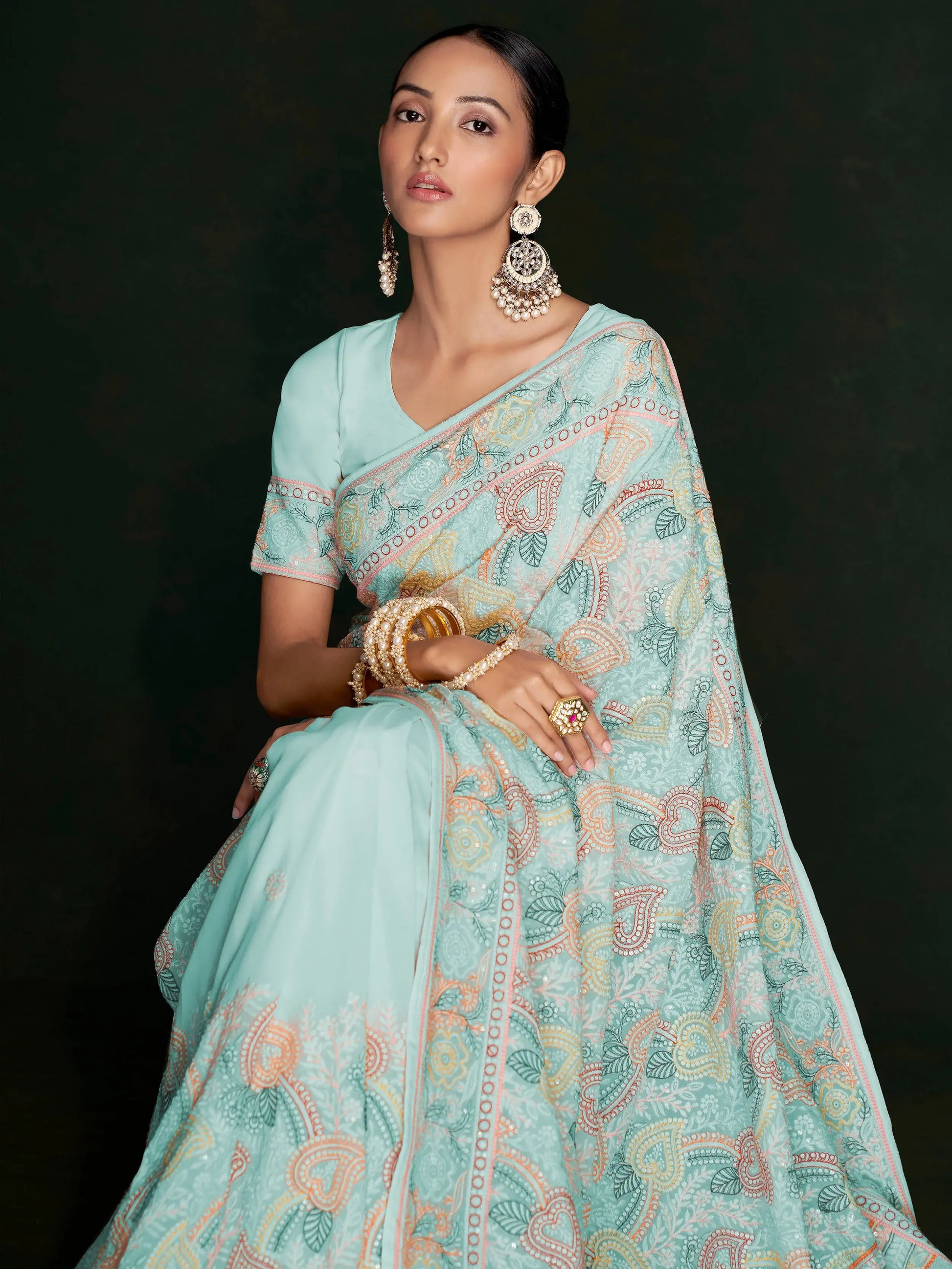 Awesome Turquoise Lucknowi Georgette Festival Wear Saree With Blouse - Zeel Clothing