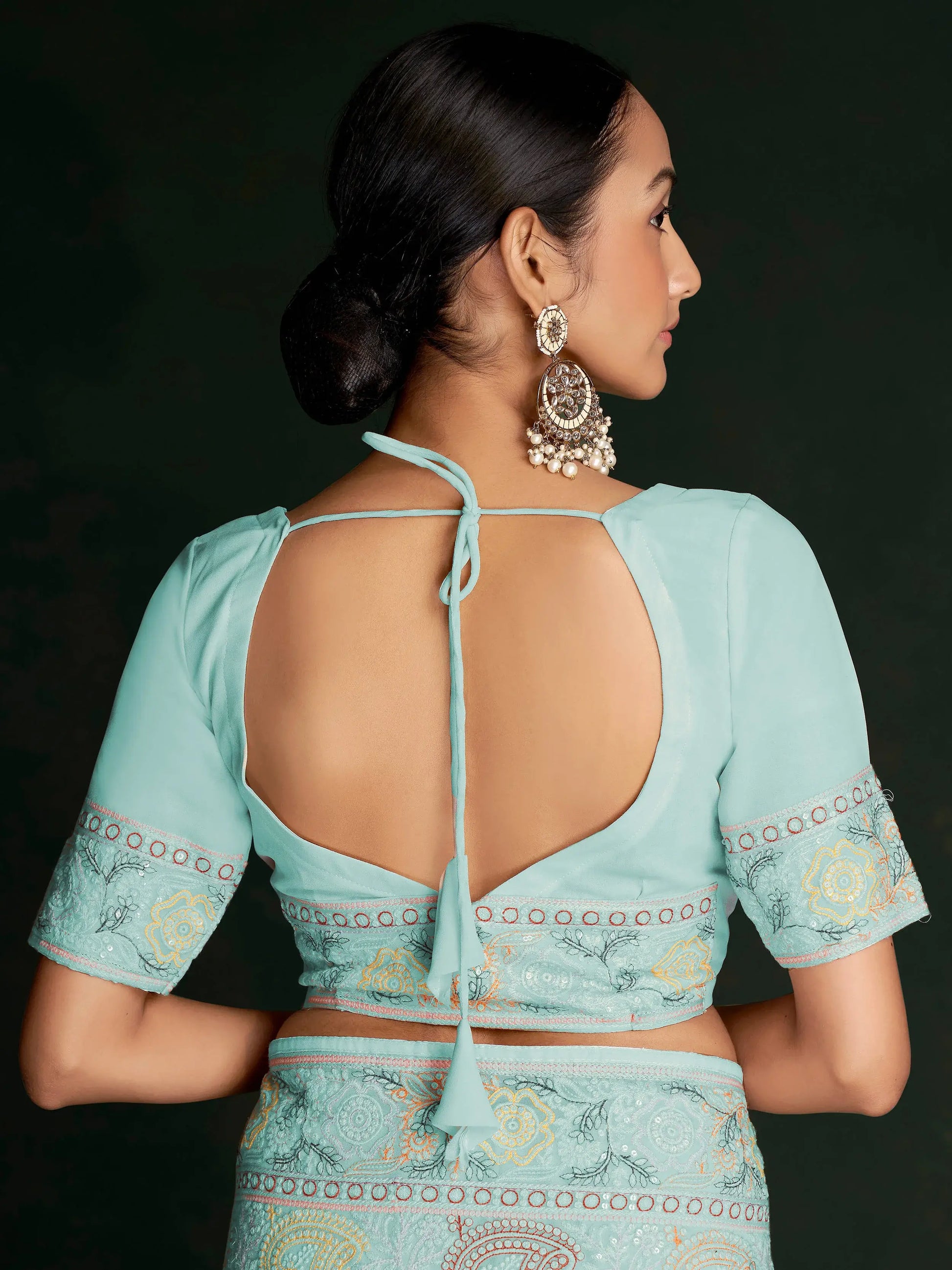 Awesome Turquoise Lucknowi Georgette Festival Wear Saree With Blouse - Zeel Clothing